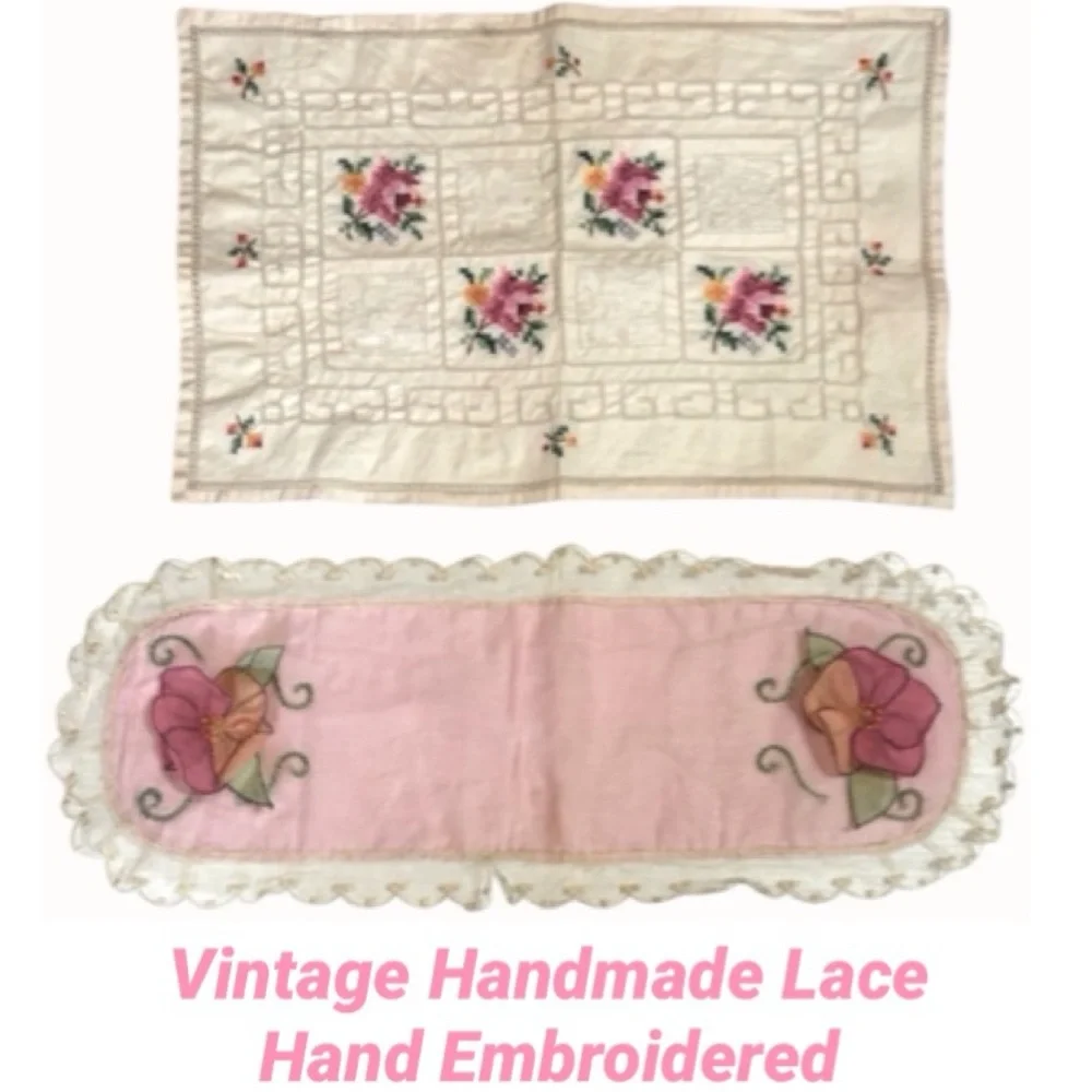 Vintage Embroidered Doily Hand Embroidery Hand Crafted Antique Lace Linen Floral